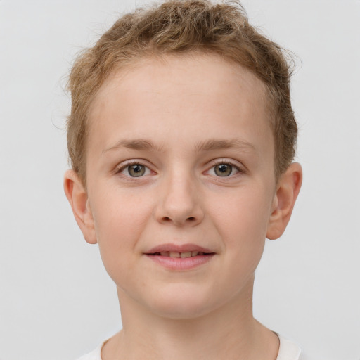 Joyful white child female with short  brown hair and grey eyes