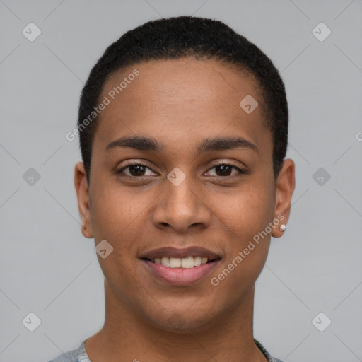 Joyful black young-adult male with short  brown hair and brown eyes