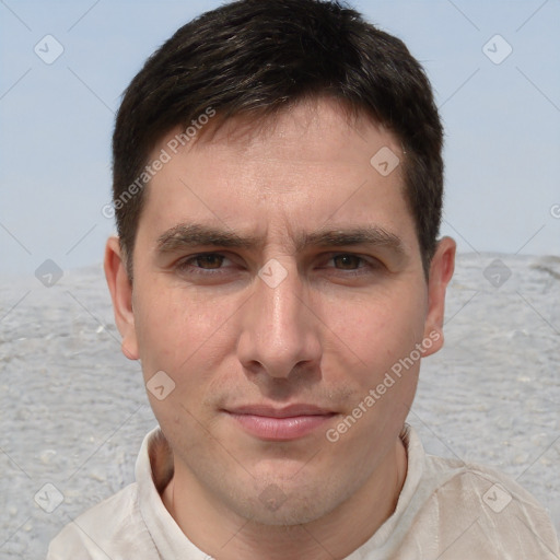 Joyful white young-adult male with short  brown hair and brown eyes