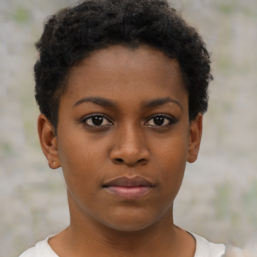 Neutral black young-adult female with short  brown hair and brown eyes