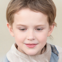 Joyful white child female with medium  brown hair and grey eyes