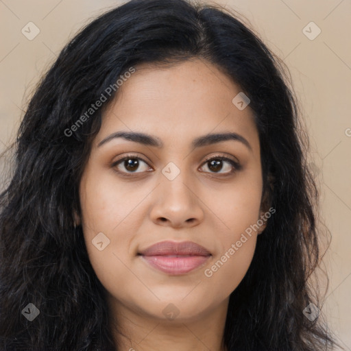 Joyful latino young-adult female with long  brown hair and brown eyes