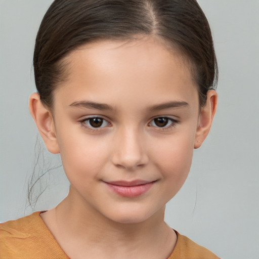 Joyful white child female with medium  brown hair and brown eyes