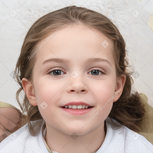 Joyful white child female with medium  brown hair and grey eyes