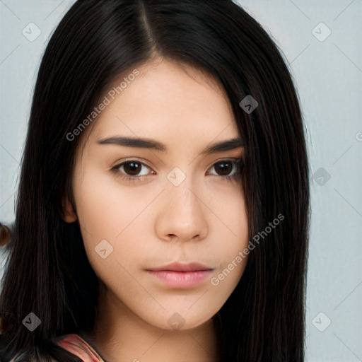 Neutral white young-adult female with long  brown hair and brown eyes