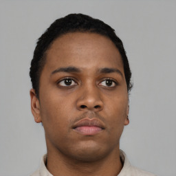 Neutral black young-adult male with short  black hair and brown eyes