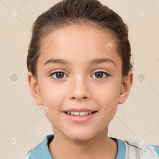 Joyful white child female with short  brown hair and brown eyes