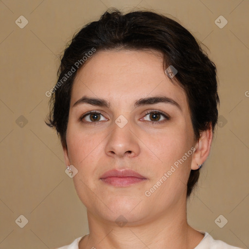 Neutral white young-adult female with short  brown hair and brown eyes