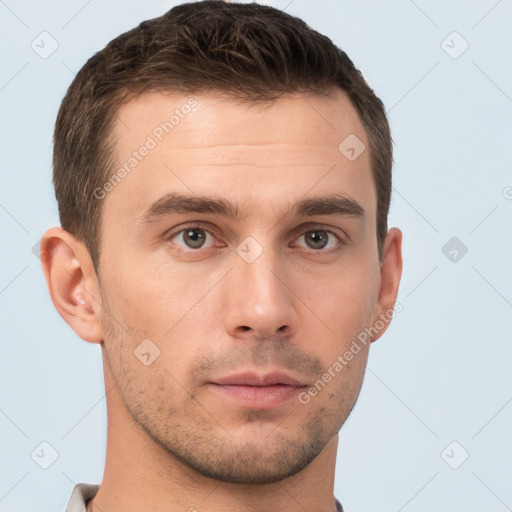 Neutral white young-adult male with short  brown hair and brown eyes