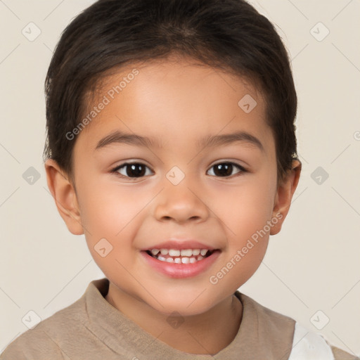 Joyful white child female with short  brown hair and brown eyes