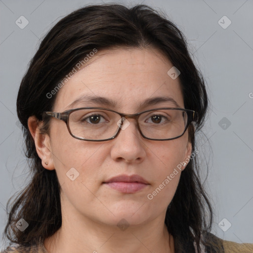 Neutral white adult female with medium  brown hair and brown eyes