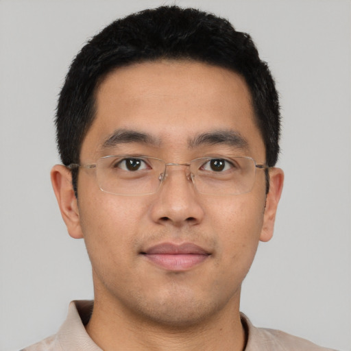 Neutral asian young-adult male with short  brown hair and brown eyes