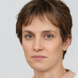 Neutral white young-adult female with short  brown hair and brown eyes