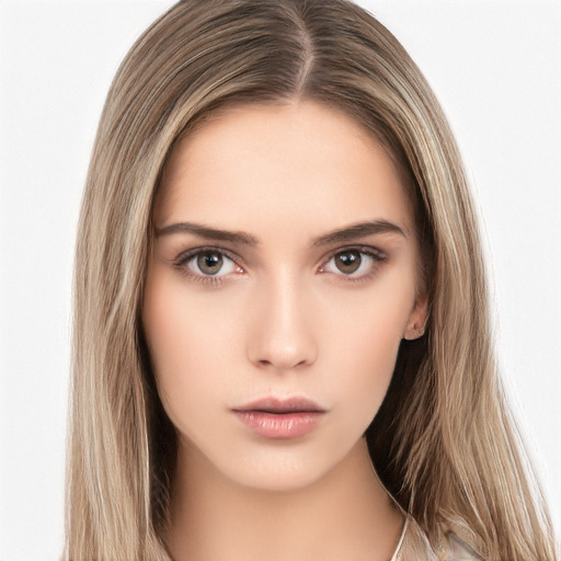 Neutral white young-adult female with long  brown hair and brown eyes