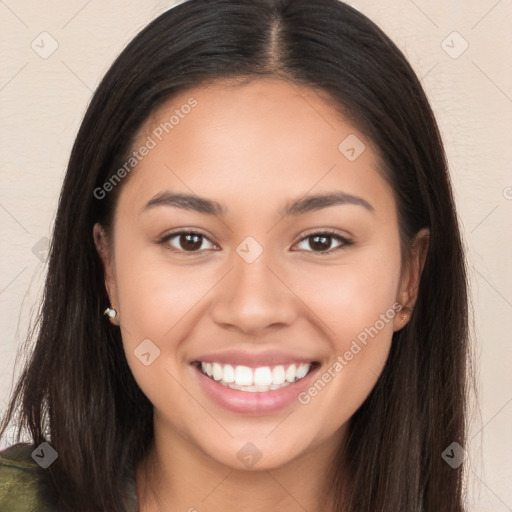 Joyful white young-adult female with long  brown hair and brown eyes