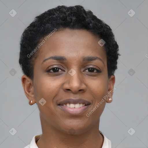 Joyful black young-adult female with short  brown hair and brown eyes