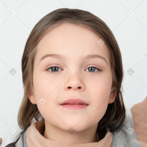 Neutral white child female with medium  brown hair and blue eyes