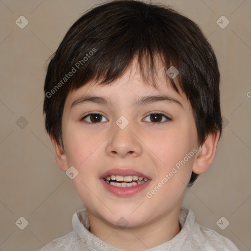 Joyful white child female with short  brown hair and brown eyes