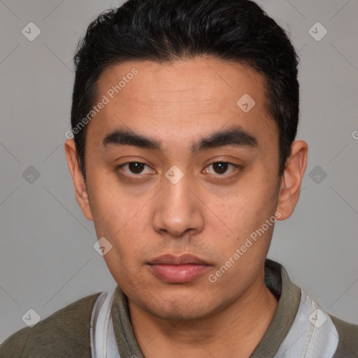 Neutral white young-adult male with short  black hair and brown eyes