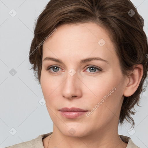 Neutral white young-adult female with medium  brown hair and grey eyes