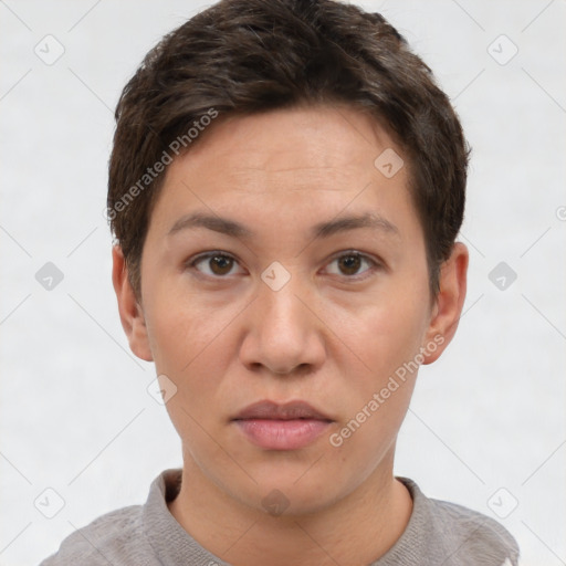 Neutral white young-adult female with short  brown hair and brown eyes