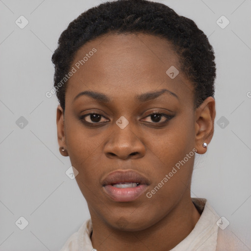 Neutral black young-adult female with short  brown hair and brown eyes