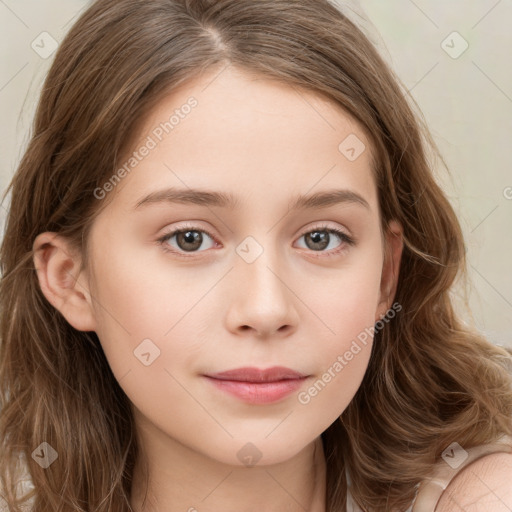 Joyful white child female with long  brown hair and brown eyes