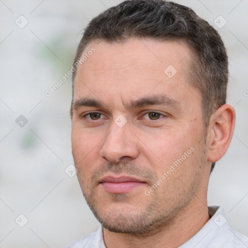 Neutral white adult male with short  brown hair and brown eyes