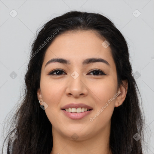 Joyful asian young-adult female with long  brown hair and brown eyes