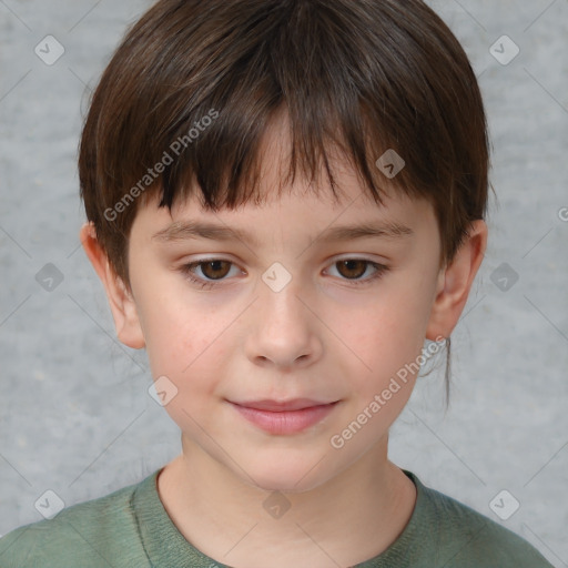 Joyful white child female with short  brown hair and brown eyes