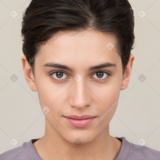 Neutral white young-adult female with short  brown hair and brown eyes