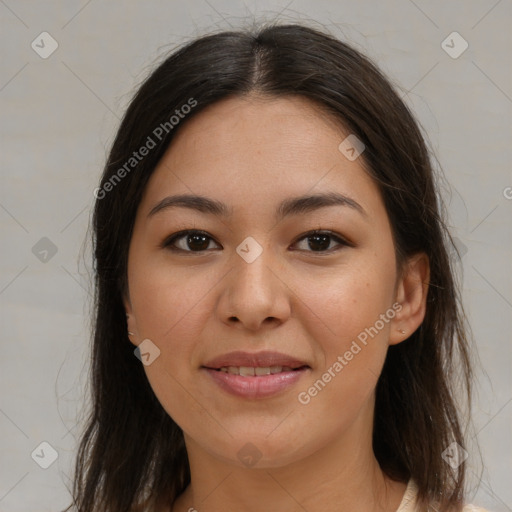 Joyful latino young-adult female with medium  brown hair and brown eyes