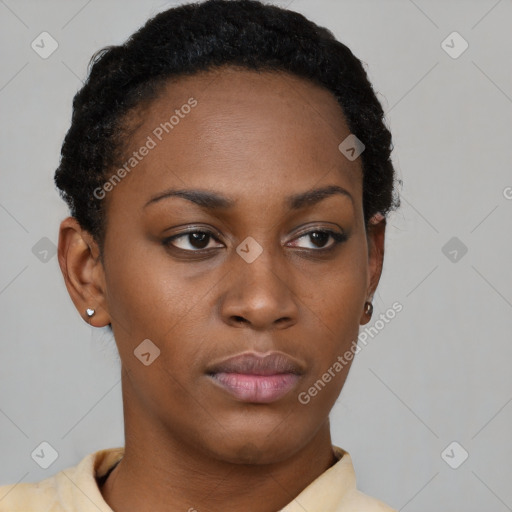 Neutral black young-adult female with short  brown hair and brown eyes