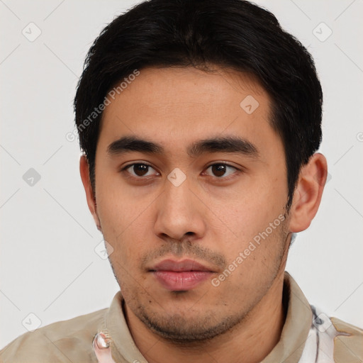 Neutral asian young-adult male with short  black hair and brown eyes
