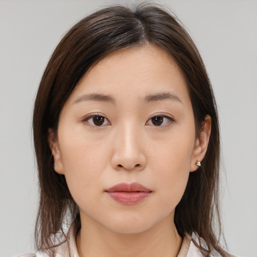 Neutral white young-adult female with medium  brown hair and brown eyes