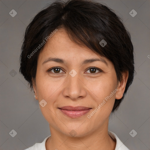 Joyful white adult female with medium  brown hair and brown eyes