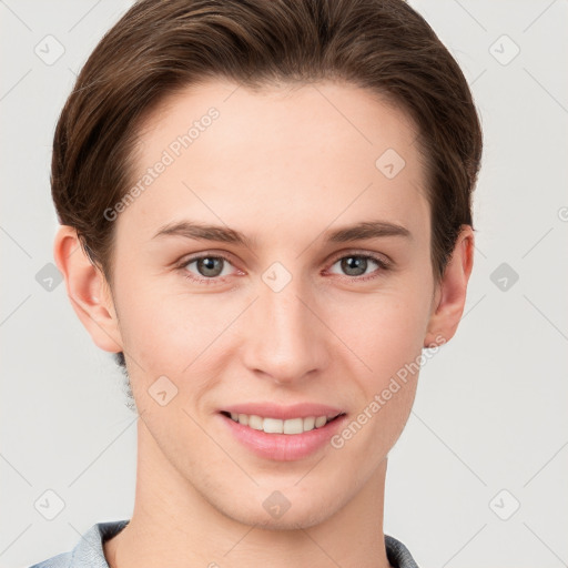 Joyful white young-adult female with short  brown hair and grey eyes