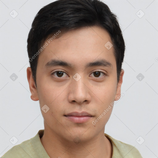 Neutral asian young-adult male with short  brown hair and brown eyes