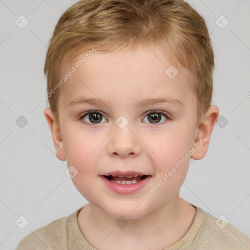 Joyful white child male with short  brown hair and brown eyes