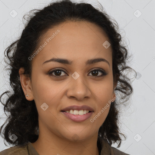 Joyful latino young-adult female with long  brown hair and brown eyes