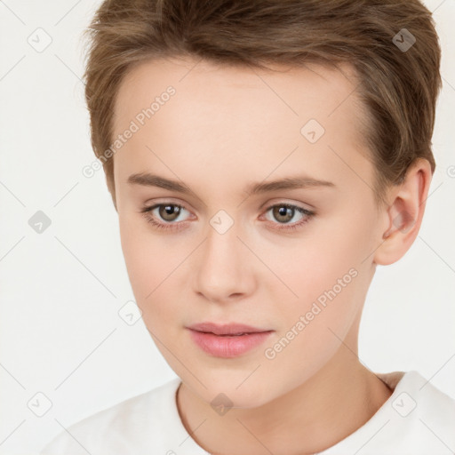 Neutral white young-adult female with short  brown hair and brown eyes