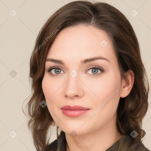 Neutral white young-adult female with medium  brown hair and brown eyes