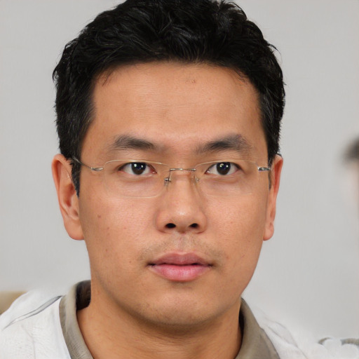 Neutral asian young-adult male with short  brown hair and brown eyes