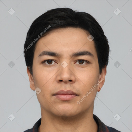 Neutral asian young-adult male with short  black hair and brown eyes