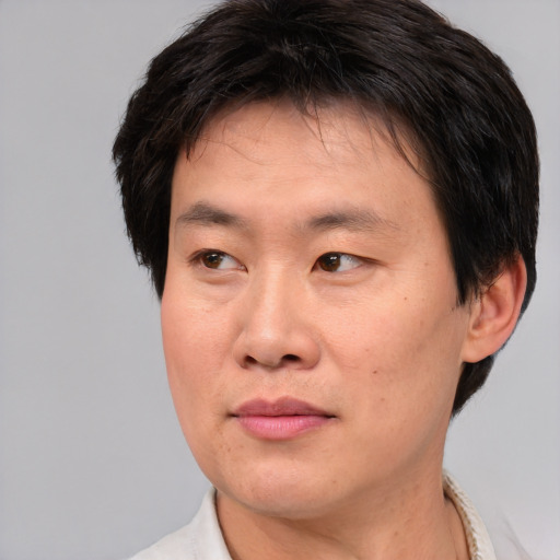 Neutral asian adult male with short  brown hair and brown eyes