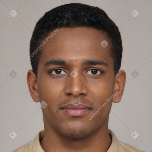 Neutral black young-adult male with short  black hair and brown eyes