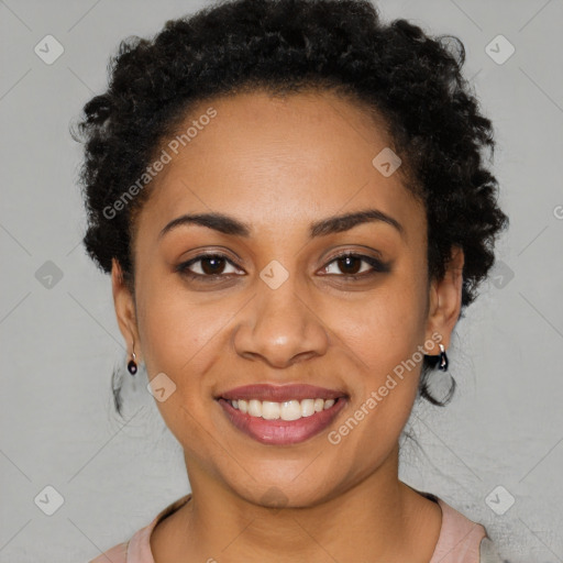 Joyful latino young-adult female with short  brown hair and brown eyes