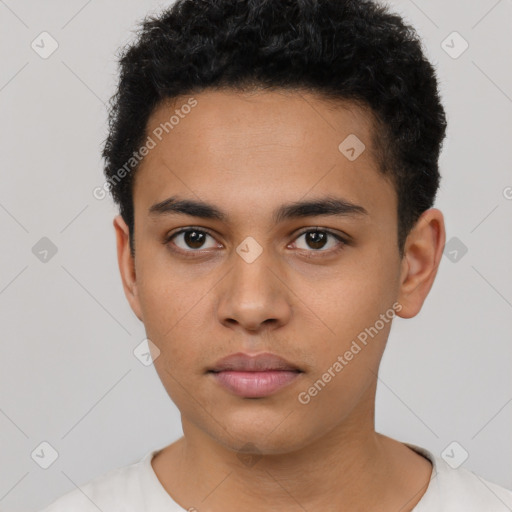 Neutral latino young-adult male with short  brown hair and brown eyes