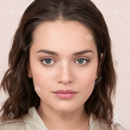 Neutral white young-adult female with long  brown hair and brown eyes