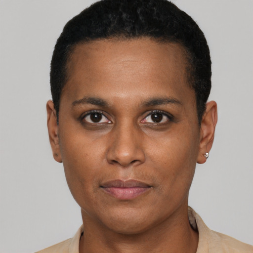 Neutral latino young-adult female with short  black hair and brown eyes